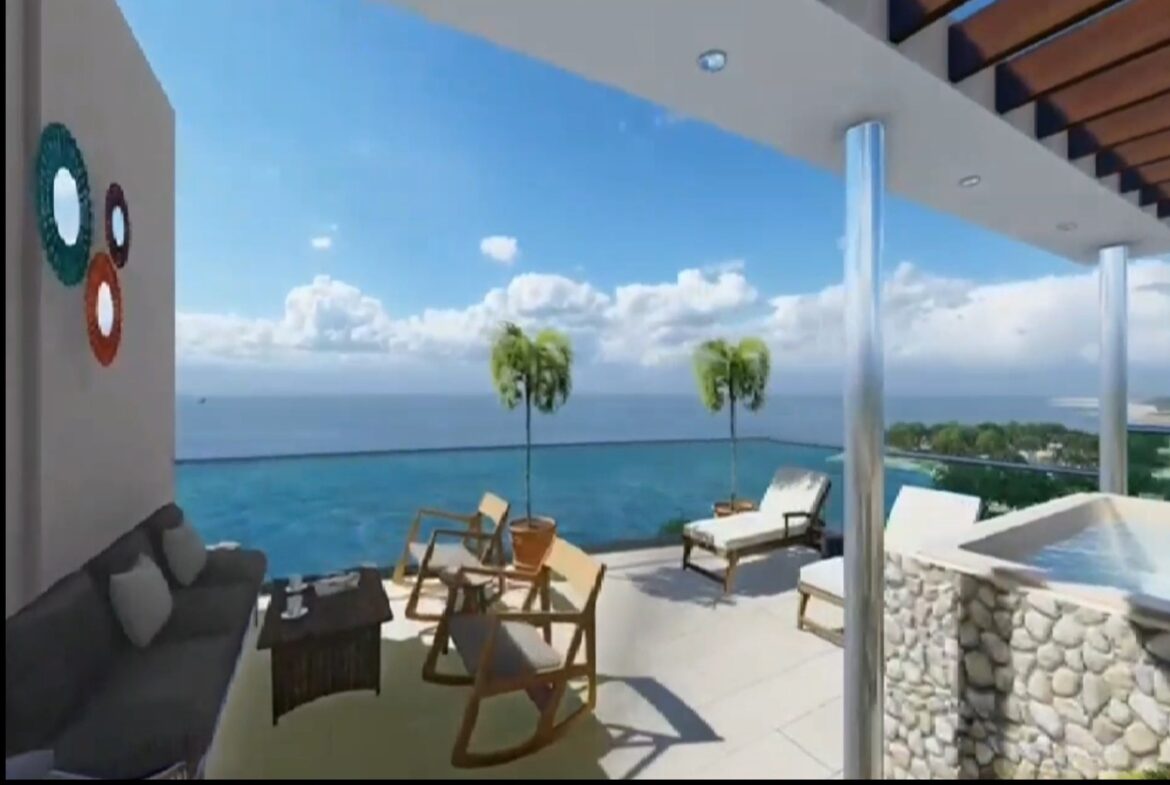 Vista de la terraza, hacia el mar de Palmares Residences es un proyecto de torres de apartamentos y penta house, ubicados en Caleta, La Romana, con vista a la isla catalina, en primera linea con vista al mar, walking distance al Hotel Hilton y Capitan Kidd, Yatcha and club, asi como tambien todos lo restaurantes de la playa de Caleta, la zona de mayor desarrollo en La Romana.